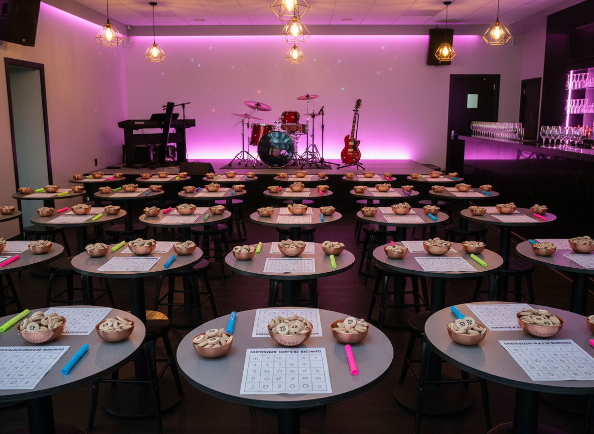A long shot of a cozy, modern bar interior viewed without people, featuring rows of small round tables each set with neatly aligned music bingo sheets, chunky neon-colored markers, and small metallic bowls filled with numbered wooden tokens corresponding to songs 1–75. At the far end, a minimalist stage holds a sleek electric keyboard, a drum kit with a reflective chrome finish, and a guitar resting on a stand. Warm pendant lights and subtle LED strips wash the scene in amber and magenta tones, creating lively reflections on glassware behind the bar. Captured from a slightly elevated angle with crisp focus throughout, the photographic image feels inviting, playful, and ready for a night of live music bingo.
