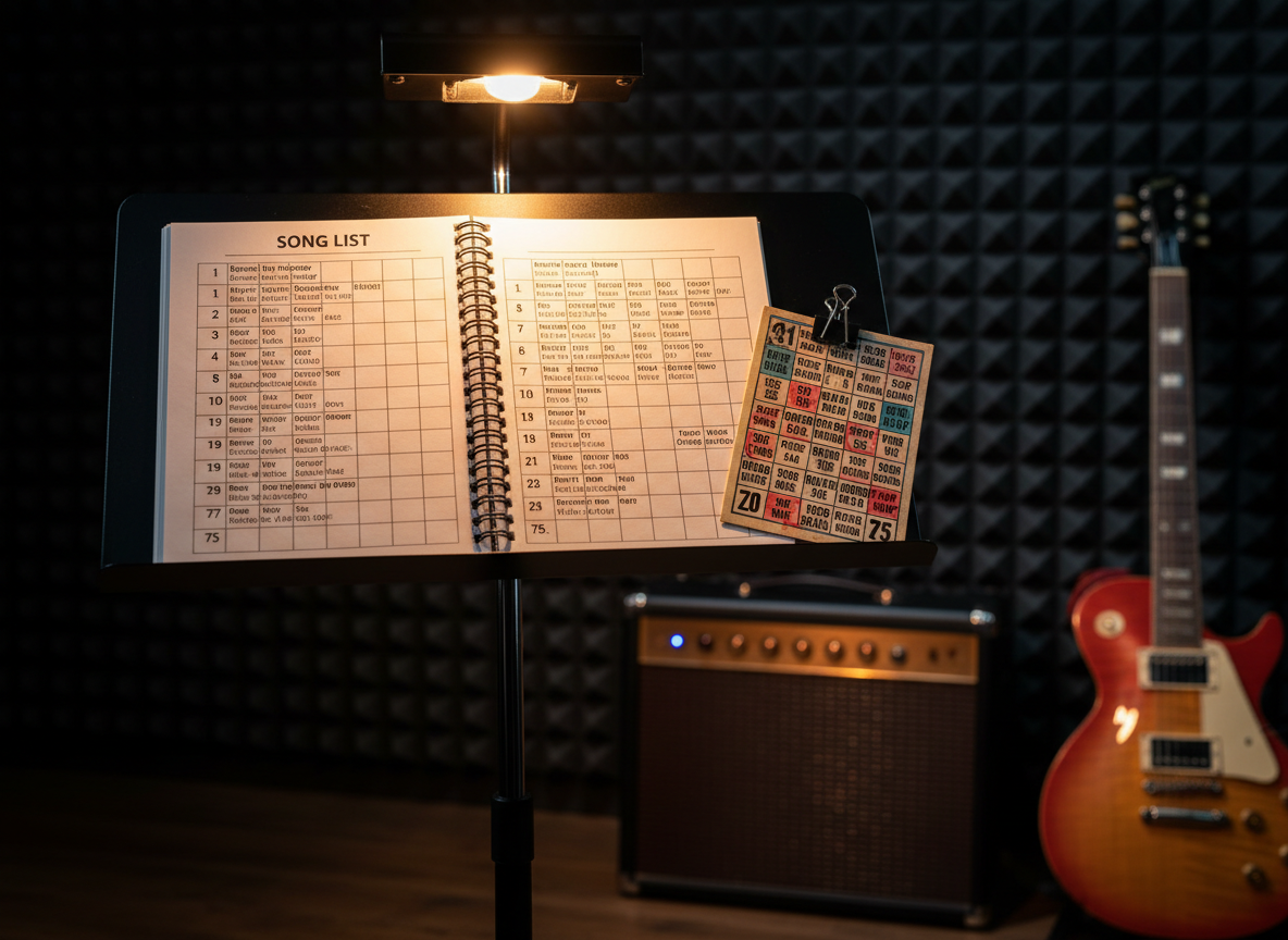 A dramatic close-up of a glossy black music stand holding a spiral-bound songbook, its pages open to a numbered list of songs from 1 to 75 in bold, clean typography. Clipped to the edge of the stand is a colorful bingo card filled with song titles, corners slightly curled from use. Behind it, out of focus, a vintage-style tube amplifier glows softly and a sunburst electric guitar leans against a soundproofed wall. A single warm spotlight from above casts sharp yet cozy highlights on the metal edges of the stand and gentle shadows across the songbook. Shot with a shallow depth of field and photographic realism, the mood is focused and playful, emphasizing the fusion of live performance and bingo gameplay.