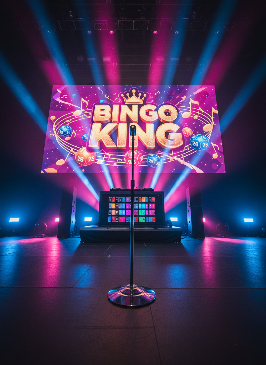 A wide, cinematic view of a stage backdrop designed for a music bingo night, featuring a towering LED screen displaying a playful “Bingo King” logo with musical notes swirling around numbered bingo balls 1–75. At center stage, a gleaming chrome microphone on a heavy round base stands ready, flanked by two tall black PA speakers and a sleek DJ controller with colorful lit pads. The floor is dark matte wood, subtly reflecting the magenta and electric blue stage lights that crisscross through a light haze. Shot from a low-angle perspective to emphasize the dramatic setup, the photographic scene feels bold, dynamic, and celebratory, perfectly capturing the high-energy personality of a music bingo event.